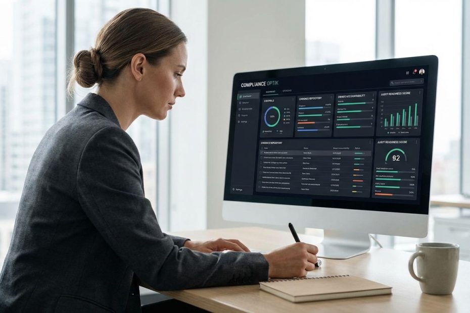Security and compliance manager reviewing a compliance tracking tools dashboard with audit tasks, evidence, and due dates.