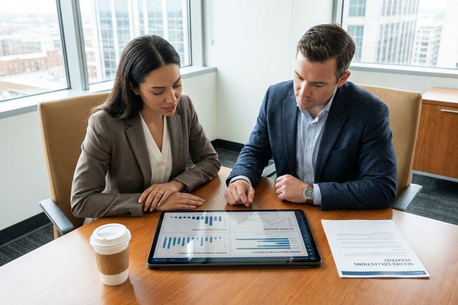 Healthcare CFO reviewing a dashboard with PCI compliance and patient payment data security metrics in a hospital finance office.