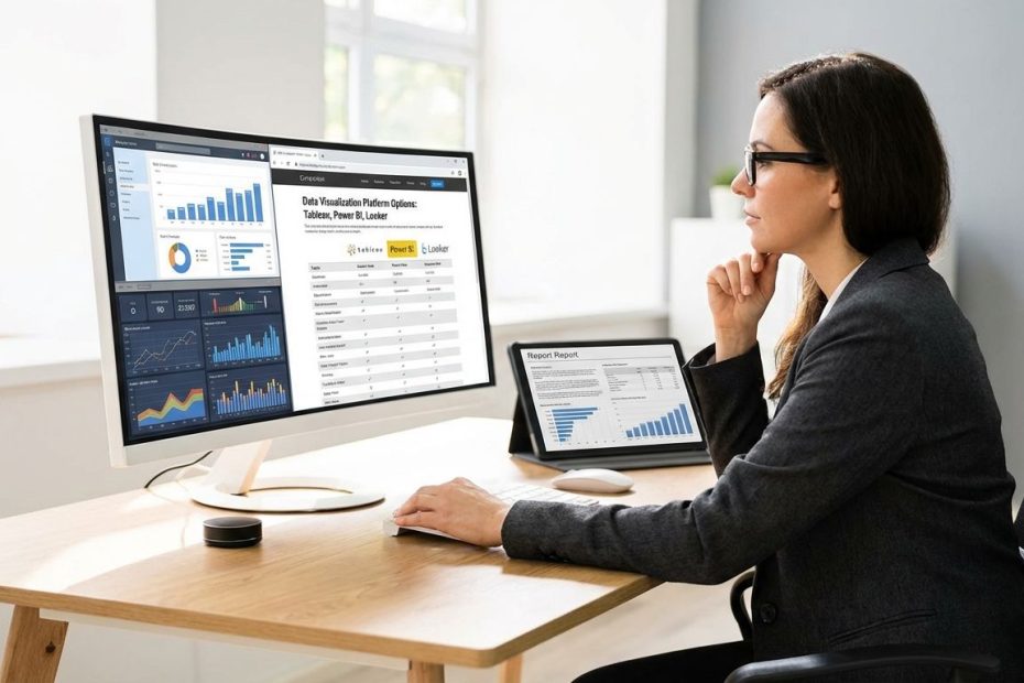 Analyst reviewing dashboards and charts on a large screen while comparing data visualization platforms
