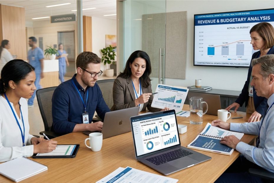 A professional hospital finance team reviewing financial reports and healthcare revenue data in a modern office setting