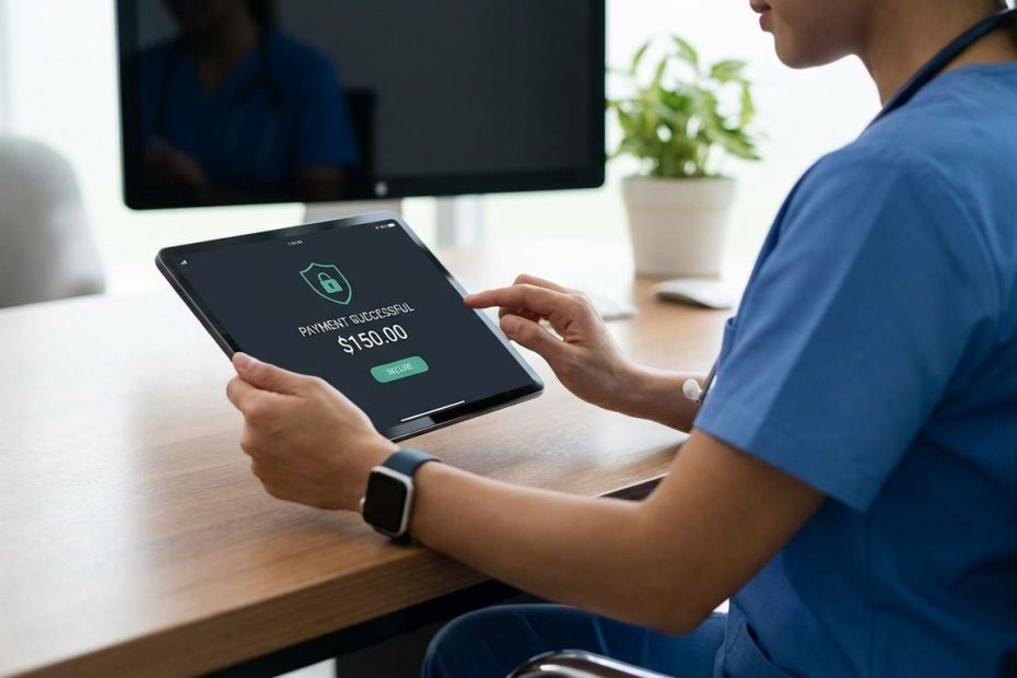 Healthcare staff member reviewing a patient billing screen with real-time payment confirmation on a computer