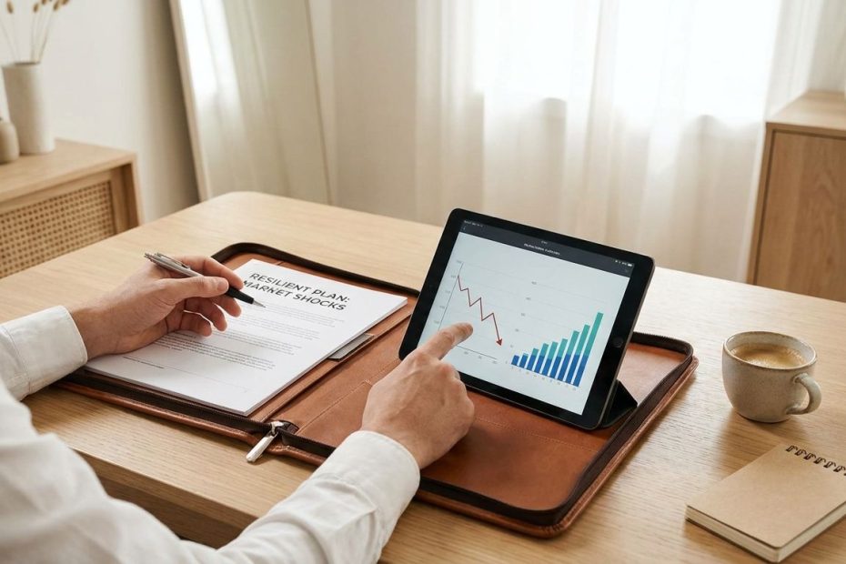Investor reviewing a written resilient plan and portfolio charts during a market downturn