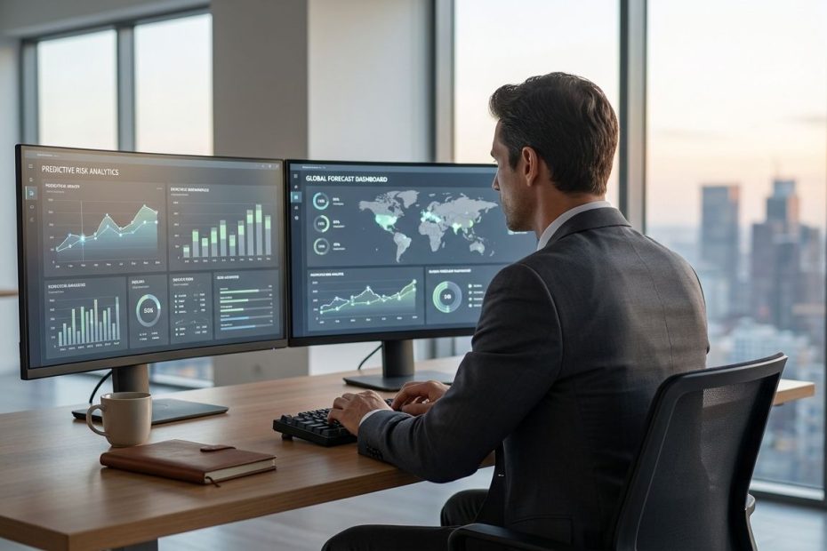 Analyst reviewing predictive risk analytics dashboard with charts, risk scores, and forecasting data on multiple screens
