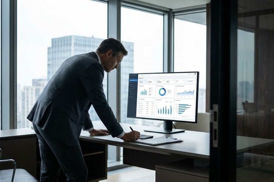CFO reviewing a financial dashboard on a laptop during an executive finance meeting