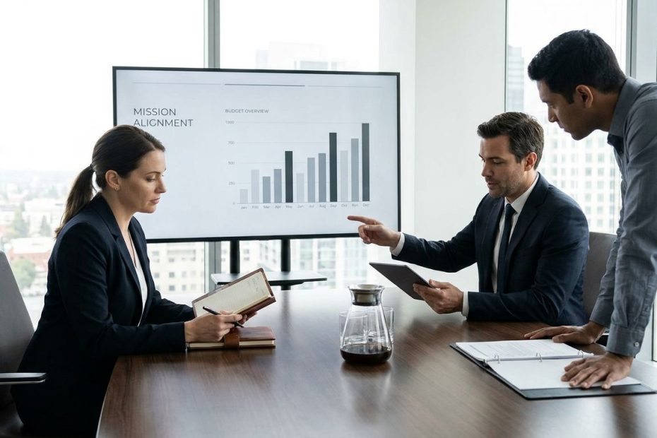 Business team reviewing financial goals and company mission on a conference table