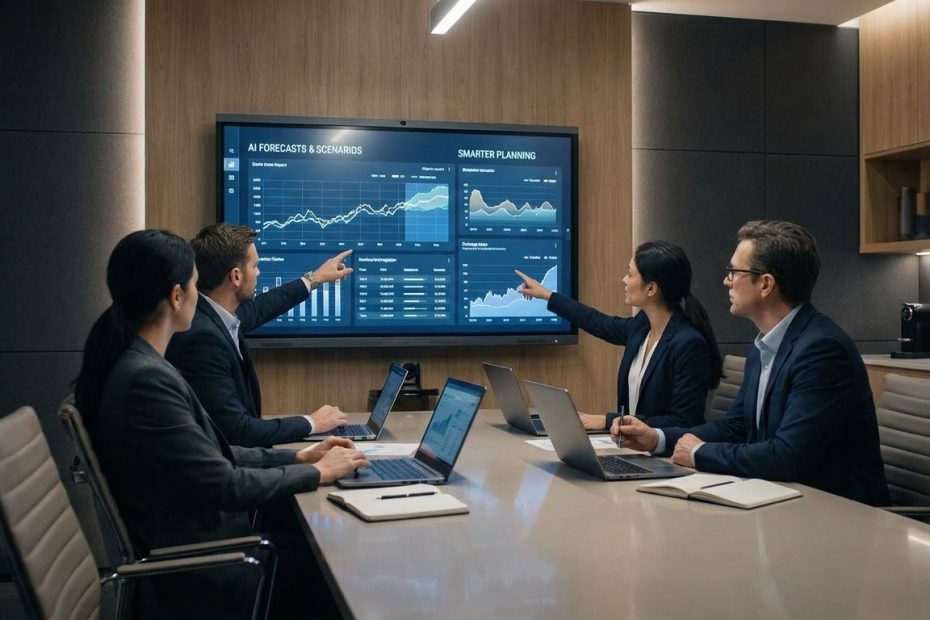 Finance team reviewing AI-powered planning dashboards and spreadsheet forecasts in a strategy meeting
