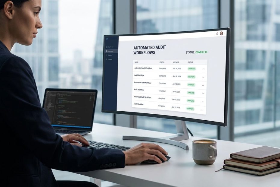 Auditor reviewing audit automation platform dashboards on a laptop