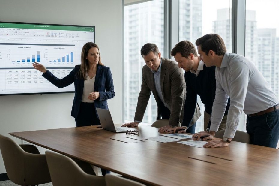 Founder reviewing a financial model with investors during a fundraising meeting