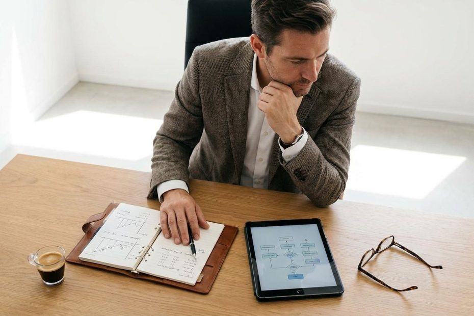 Entrepreneur comparing a business model canvas and a traditional business plan on a desk