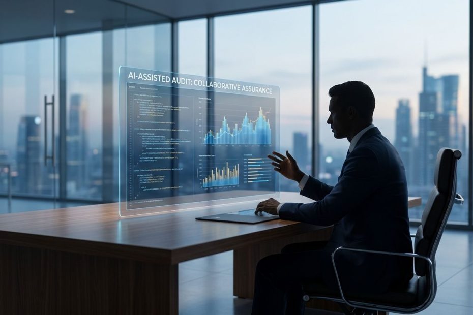 Human auditor reviewing AI-generated audit data on a digital dashboard