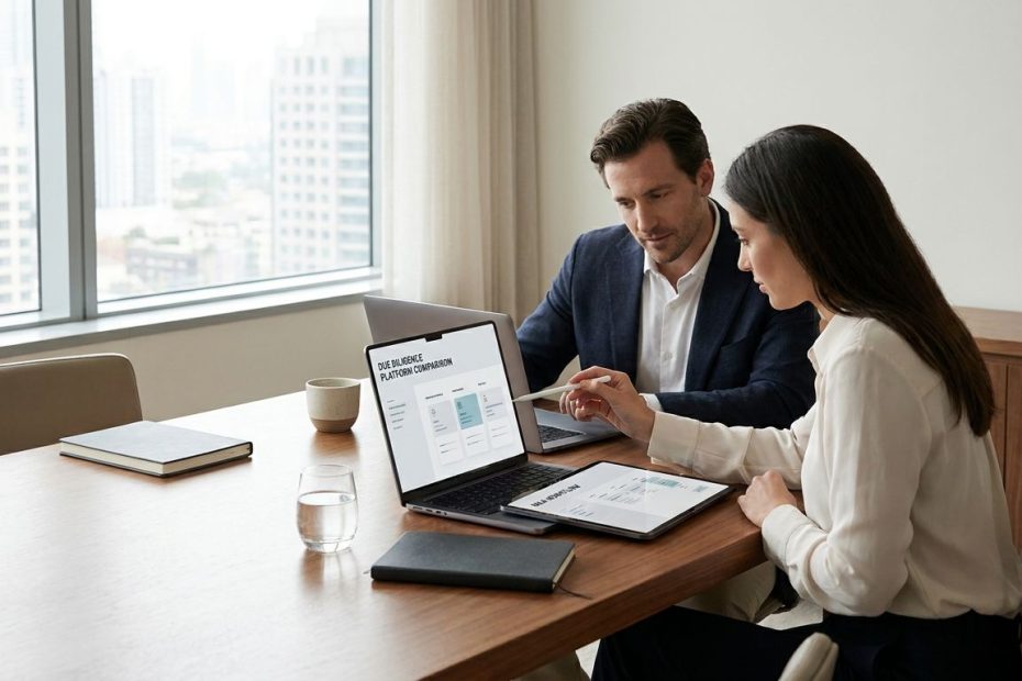M&A professionals reviewing due diligence software on a laptop during a deal meeting