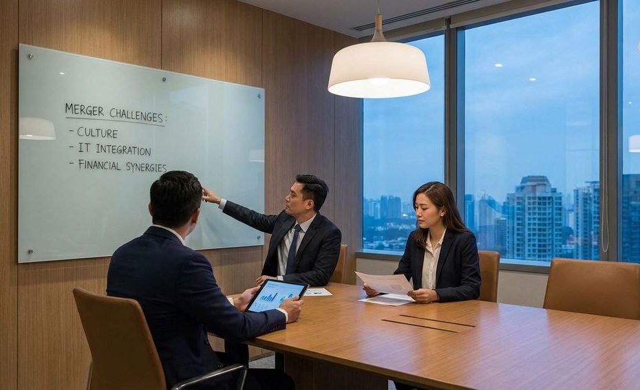Healthcare executives reviewing hospital merger integration plans in a conference room