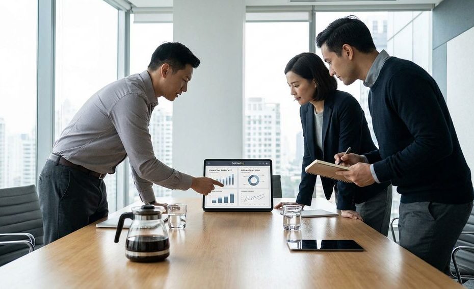 Founder presenting a business plan app dashboard to investors during a pitch meeting
